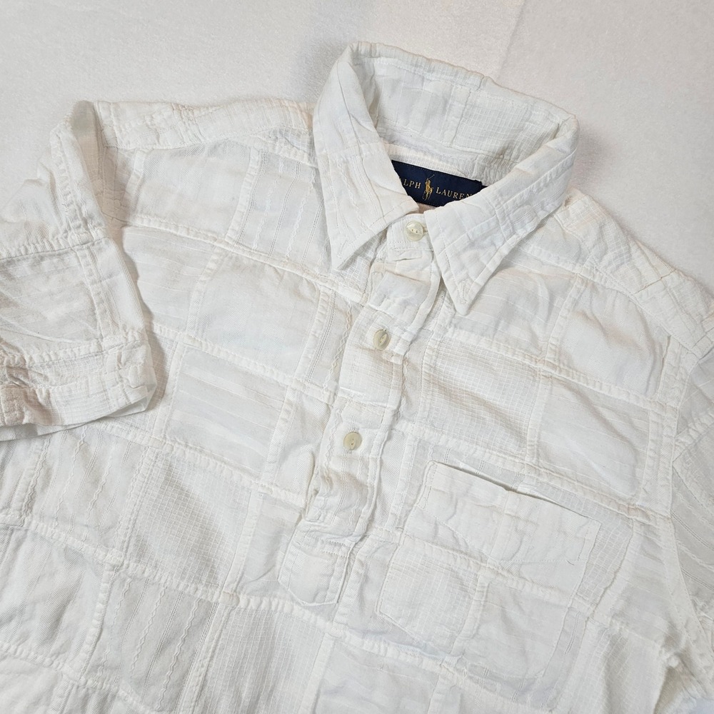 Ralph Lauren Mens White Patchwork Jacquard Dobby Popover Shirt Small